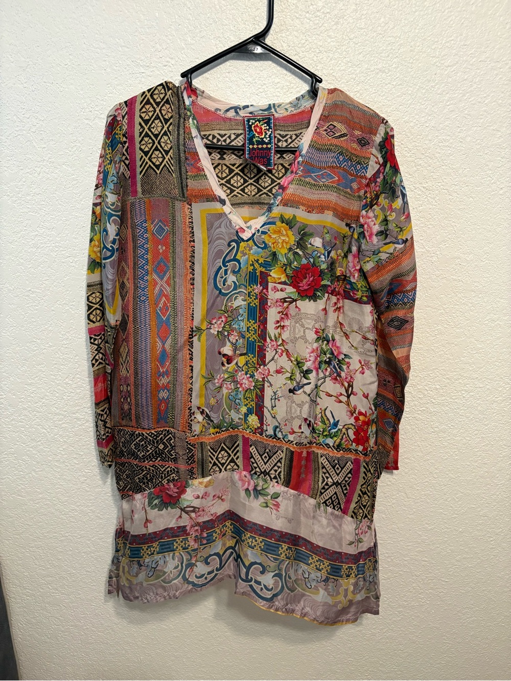 Johnny Was Silk Multicolor Floral Patchwork V-Neck Tunic Top XS